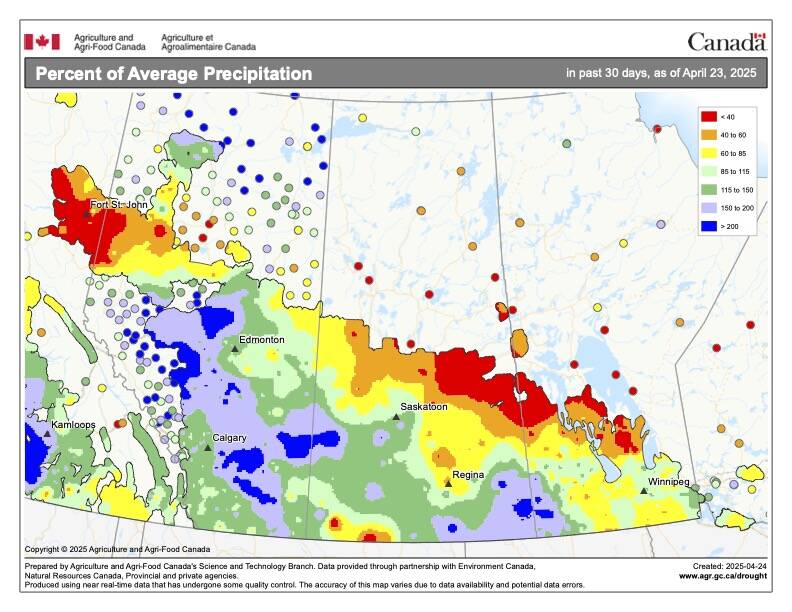 This week’s weather map shows the percent of average precipitation that has fallen across the Prairies over the 30 day period ending on April 23. Looking at the map you can see that it was a fairly wet period across much of southern and central Alberta, with several regions seeing over 200 per cent of average. A band stretching across the northern agricultural regions from northwestern Alberta southeastwards to the Manitoba Interlake regions saw well below average amounts.