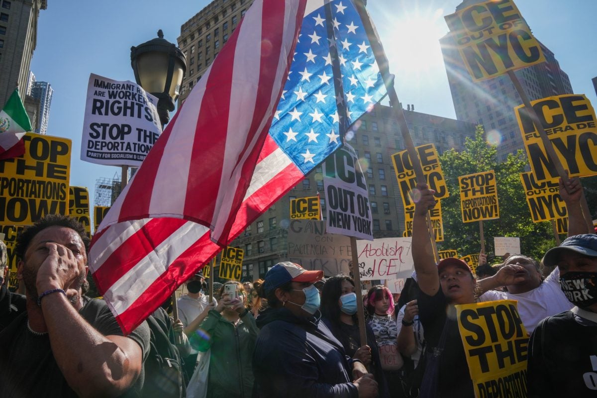 Protesters in New York City on June 10, 2025. Protests have erupted across the U.S. in response to ICE raids and deportations. Photo: Bryan Smith/ZUMA Press Wire
