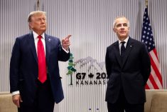 U.S. President Donald Trump meets with Canadian Prime Minister Mark Carney at the G7 summit in Kananaskis, Alberta, Canada, June 16, 2025. Photo: Reuters/Kevin Lamarque
