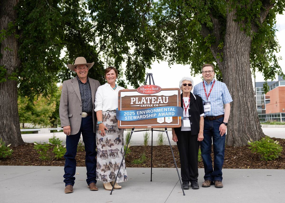John Smith and his wife, Laura Laing, of Plateau Cattle Company are the 2025 Alberta Beef Producers Environmental Stewardship award winners. John's mother, Serena, and his brother Lloyd, were also on hand during the award ceremony, which took place at the Calgary Stampede.