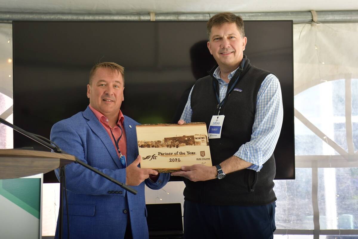 Olds College recognized Farm Credit Canada as the 2025 Partner of the Year As part of the ceremony, held July 29 at AgSmart, Todd Ormann, Vice-president of External Relations and Extension at Olds College, presented the award to Todd Klink, Farm Credit Canada Executive vice-president, Marketing and Affairs.