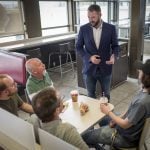May 7, 2025, Red Deer, Ab, CANADA: Cameron Davies, leader of the Republican Party of Alberta, speaks to patrons at a fast food restaurant about separation from Canada in Red Deer, Alta., Wednesday, May 7, 2025. (Credit Image: Jeff Mcintosh/The Canadian Press via ZUMA Press)
