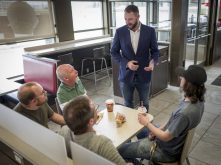 May 7, 2025, Red Deer, Ab, CANADA: Cameron Davies, leader of the Republican Party of Alberta, speaks to patrons at a fast food restaurant about separation from Canada in Red Deer, Alta., Wednesday, May 7, 2025. (Credit Image:  Jeff Mcintosh/The Canadian Press via ZUMA Press)