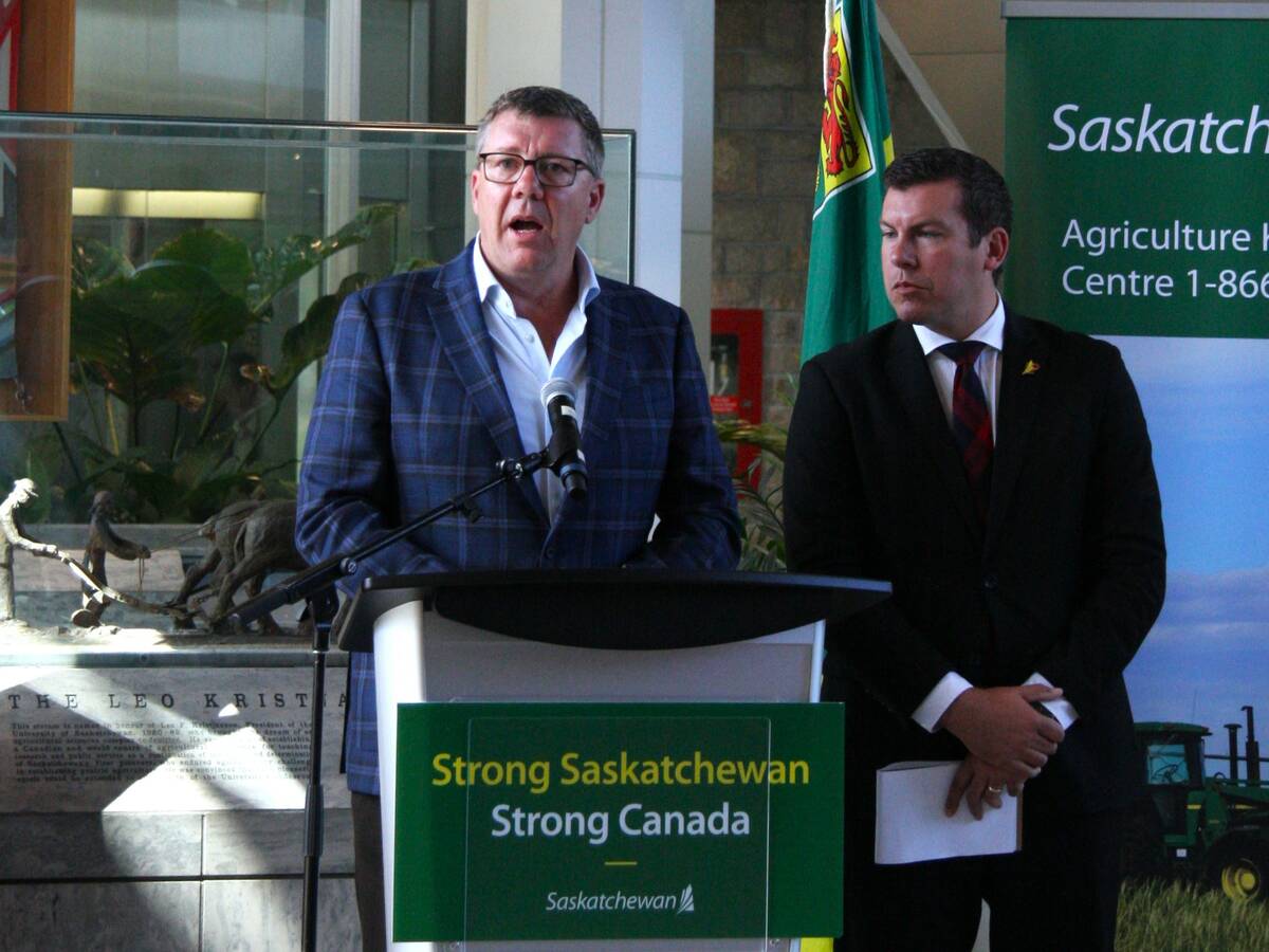 Saskatchewan premier Scott Moe, left, and Kody Blois, parliamentary secretary to the prime minister, participate in a press conference prior to their mission to China. Photo: Janelle Rudolph
