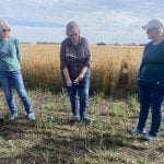 Stacy Murray, (centre) extension coordinator with Gateway Research Organization demonstrates the use of a petrometer during a GRO-ing Women's agriculture event near Westlock. Karen Letts (left) and Kim Barabas were among the 19 participants who turned up on August 19 to learn about testing soil, feed and seed.
Photo Credit: Alexis Kienlen