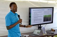 Semitone Amosu, researcher at Olds College, delivers a soil health seminar at the school's AgSmart Expo in July 2025.
