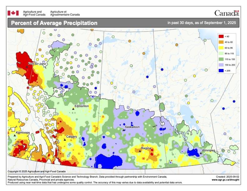 With August coming to an end, I am able to show you the map displaying the total amount of precipitation that fell across the Prairies in the month of August as a percent of average. Western Alberta and east-central Saskatchewan saw below-average amounts, while parts of Manitoba, north-central and south-western Saskatchewan saw above-average amounts.