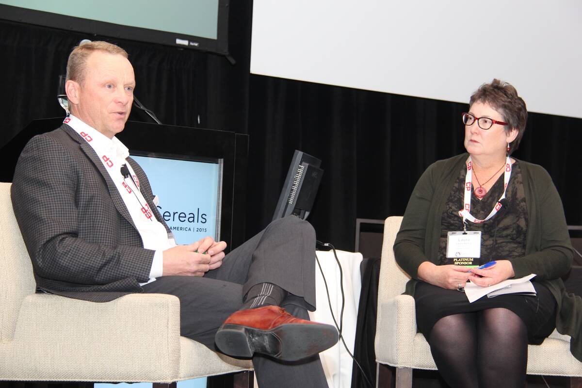 Then G3 CEO Karl Gerrand being interviewed by then Manitoba Co-operator editor Laura Rance during the Cereals of North America meeting in Winnipeg in 2015. Photo: Allan Dawson