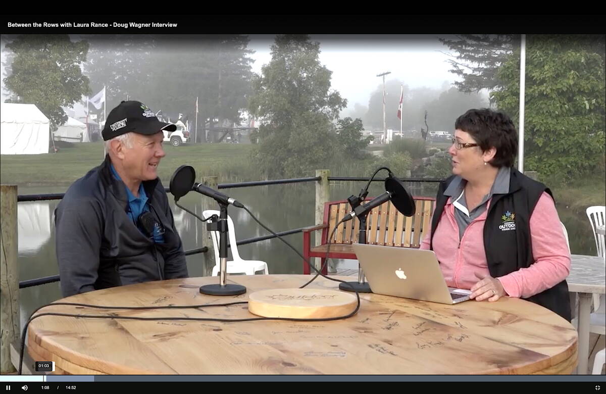 Laura-Rance Unger, at the time GFM’s editorial director, interviews now retired Canada’s Outdoor Farm Show president Doug Wagner in 2018 during the 25th anniversary iteration of the farm show. Photo: Screen Capture/Country Guide