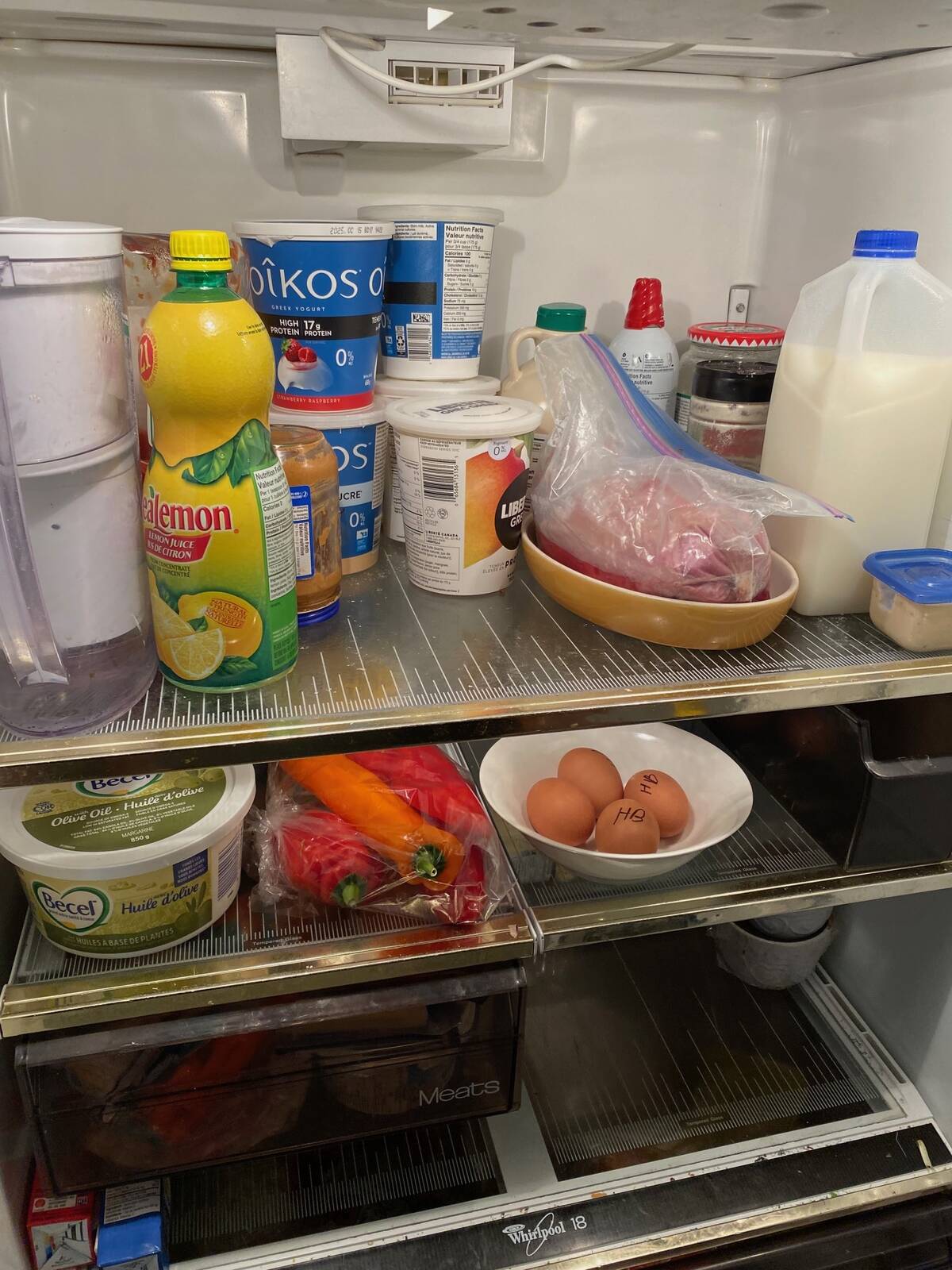 Food in a refrigerator.