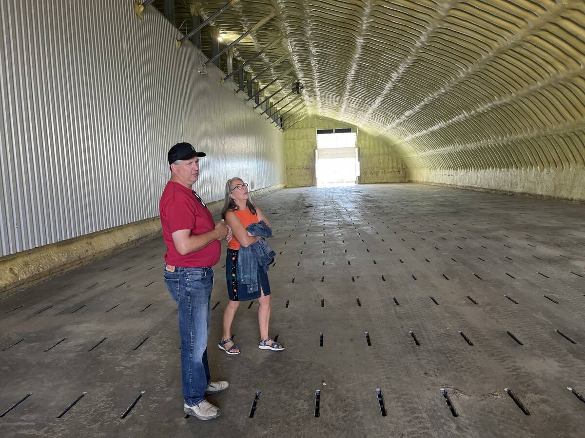 CP Farms’ Michel Camps shows one of his potato storage bins. The eight bins at the farm’s Barnwell location aree able to hold 24,000 tonnes.
