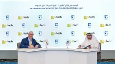 Sultech Global CEO Murray MacKinnon, left, and Adel Saleh Al Jaberi, acting CEO and Senior Vice President of ADNOC sign the MOU which will bring micronized elemental sulphur technology to the United Arab Emirates. Photo: Supplied by Sultech Global Innovation Corp.