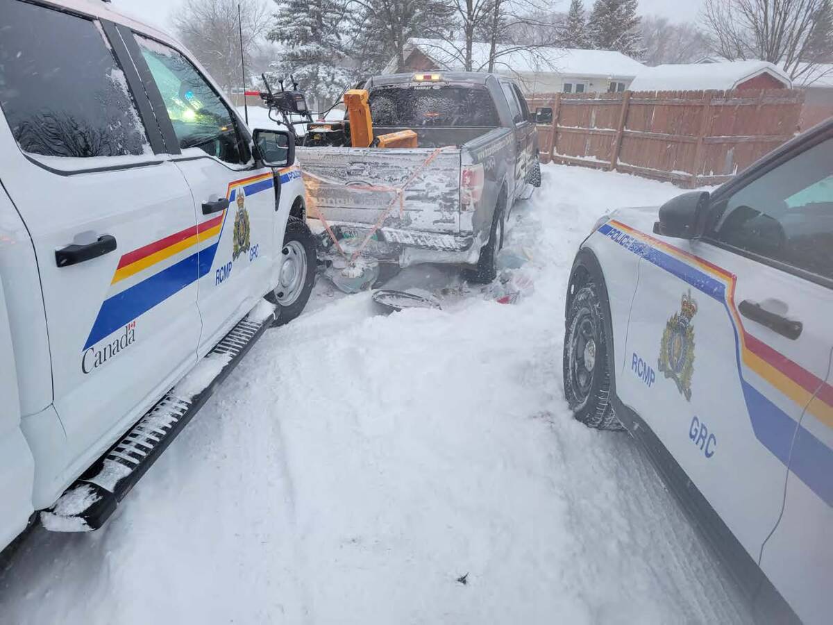 Police pursued a stolen vehicle in Steinbach in January 2024. A police vehicle was rammed during the incident. Photo: RCMP