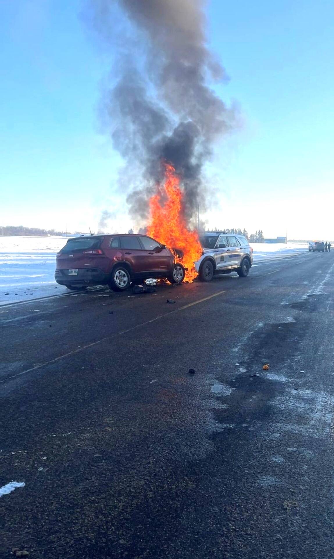 This dramatic image was captured in January 2025 after a failed traffic stop in Portage la Prairie ultimately led to spike belts being deployed and two police vehicles being rammed. Photo: RCMP
