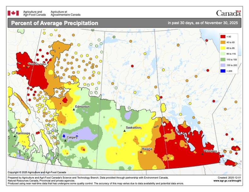 This map shows the total amount of precipitation that fell across the Prairies in November. It was a dry month across Manitoba, eastern Saskatchewan, and northwestern Alberta. The remainder of the region saw near average amounts with the area north and east of Calgary reporting slightly above average amounts.