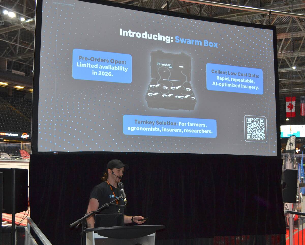 Threshold UAV CEO and founder Mac Hunik gives his presentation during Ag Innovation Awards at Agri-Trade 2025. Photo: Zak McLachlan