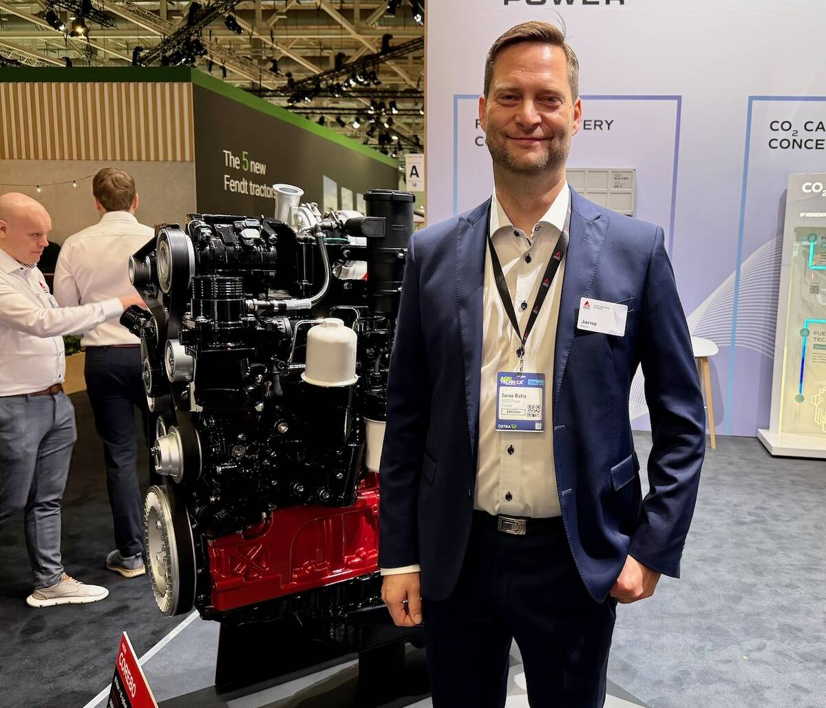 Jarno Ratia, director, sales and marketing and project management with Agco Power, stands with the company&rsquo;s new Core 80 engine.