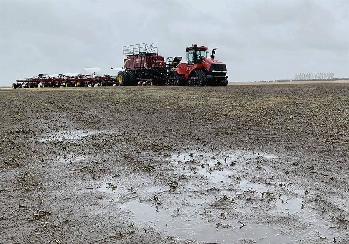 Saturated soils show surface moisture, with a tractor and air seeder in the background. Photo: File