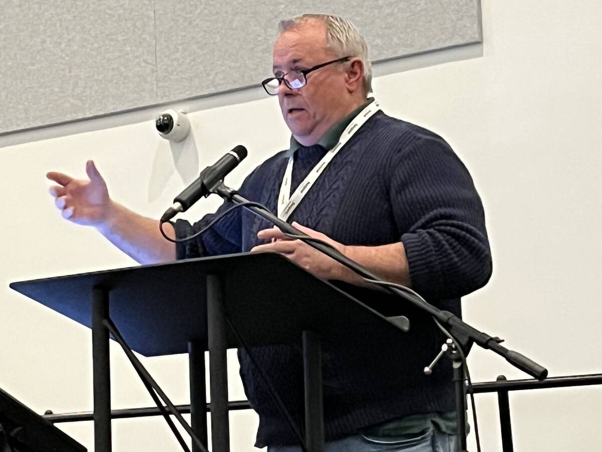 Dr. Michael Harding, crop assurance program lead for Alberta Agriculture and Irrigation, gives his disease update for 2025 at the 2026 Irrigated Crop Production Update in Lethbridge, Alta. Photo: Greg Price