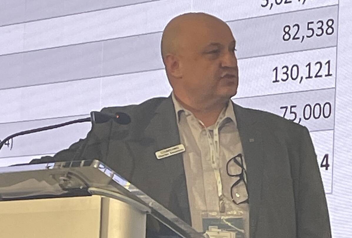 Alberta Canola board vice-chair Charles Simoneau runs through the association's revenues and expenditures for the 2024-25 year at the producer organization's annual general meeting Jan. 27. The AGM was part of the Crossroads Crop Conference which took place Jan. 27-28 in Edmonton. PHOTO: JEFF MELCHIOR