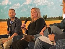 Emily Ford, senior agronomist and Bow Island-area producer, discusses the role of AI in the future of agriculture at the Crossroads Crop Conference. Left: Josh Fankhauser. PHOTO: JEFF MELCHIOR