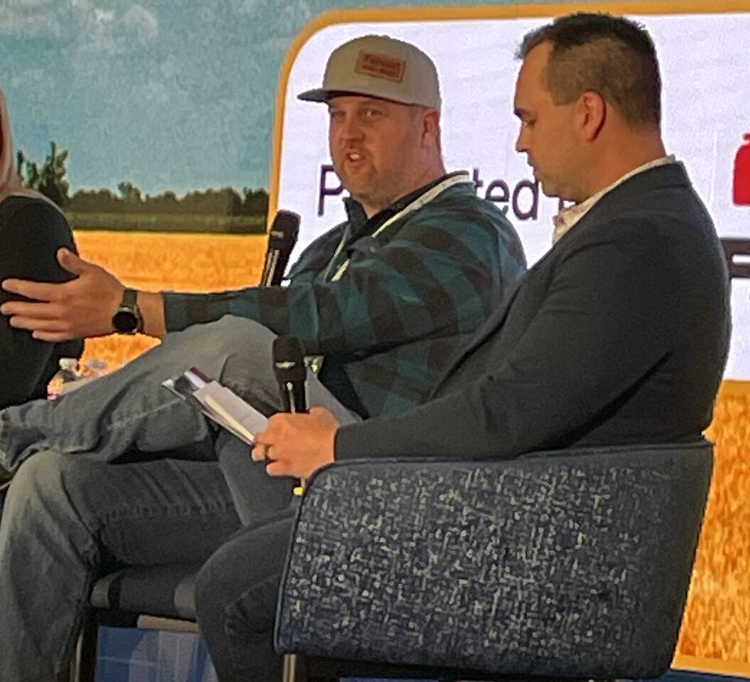 David Benjamin, a first-generation hay and forage farmer in southern Alberta, answers questions by moderator Brady Stadnicki at an expert session Jan. 27. It was part of the Crossroads Crop Conference held Jan. 27-28 in Edmonton. Photo: Jeff Melchior