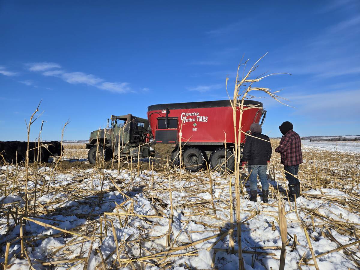 Participants at a winter grazing tour on Bos Family Farms near Rapid City, Man., check out &ldquo;Mad Max,&rdquo; the feeding truck and ration mixer on Jan. 12, 2026. Photo: Miranda Leybourne