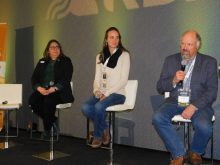 Tasha Alexander, a grain producer from Brownvale, Angela Kumlin, a beef producer from the foothills near Calgary, and Doug Wray, a beef producer from Innisfail, spoke about the importance of producer research during a panel at the RDAR Showcase, January 12. 

Photo Credit: Alexis Kienlen