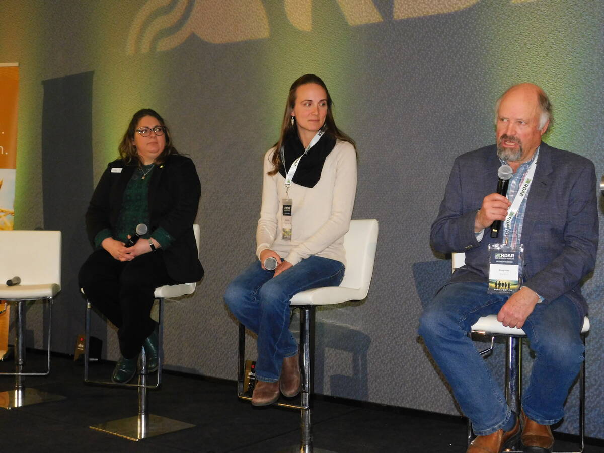 Tasha Alexander, a grain producer from Brownvale, Angela Kumlin, a beef producer from the foothills near Calgary, and Doug Wray, a beef producer from Innisfail, spoke about the importance of producer research during a panel at the RDAR Showcase, January 12. 

Photo Credit: Alexis Kienlen