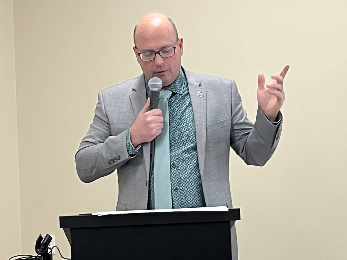 Bryce Surina, director of community services for the M.D. of Taber explains the nuts and bolts of municipal council’s proposed land management strategy involving various grazing/cultivated leases and land sale policy to a packed house at the municipality’s operations building in early February. The information and feedback session will be used for consideration as the policies will come to the floor once again at a Feb. 24 council meeting, with some grazing leases expiring at the end of the month in the long-contested issue. Photo: Greg Price