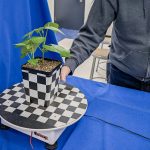 Michael Beck sets a bean plant on the turntable of the photogrammetry rig in his lab at the University of Winnipeg on Feb. 3, 2026. Photo: Geralyn Wichers