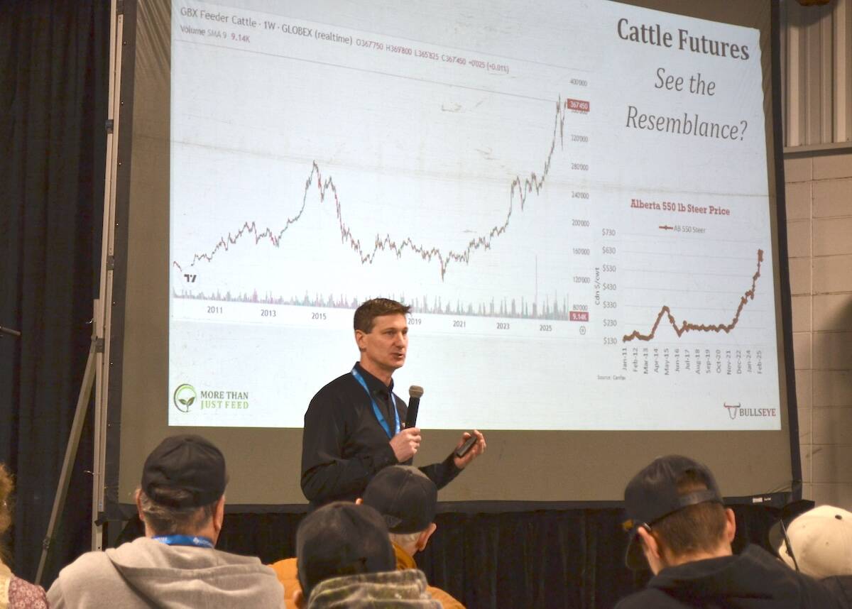 Agribusiness specialist Brian Perillat, speaking to the crowd at Agri-Visions in Lloydminster on Feb. 11, said prices and demand are high for beef right now, but producers should still protect themselves in case of a drop off in prices. Photo: Zak McLachlan