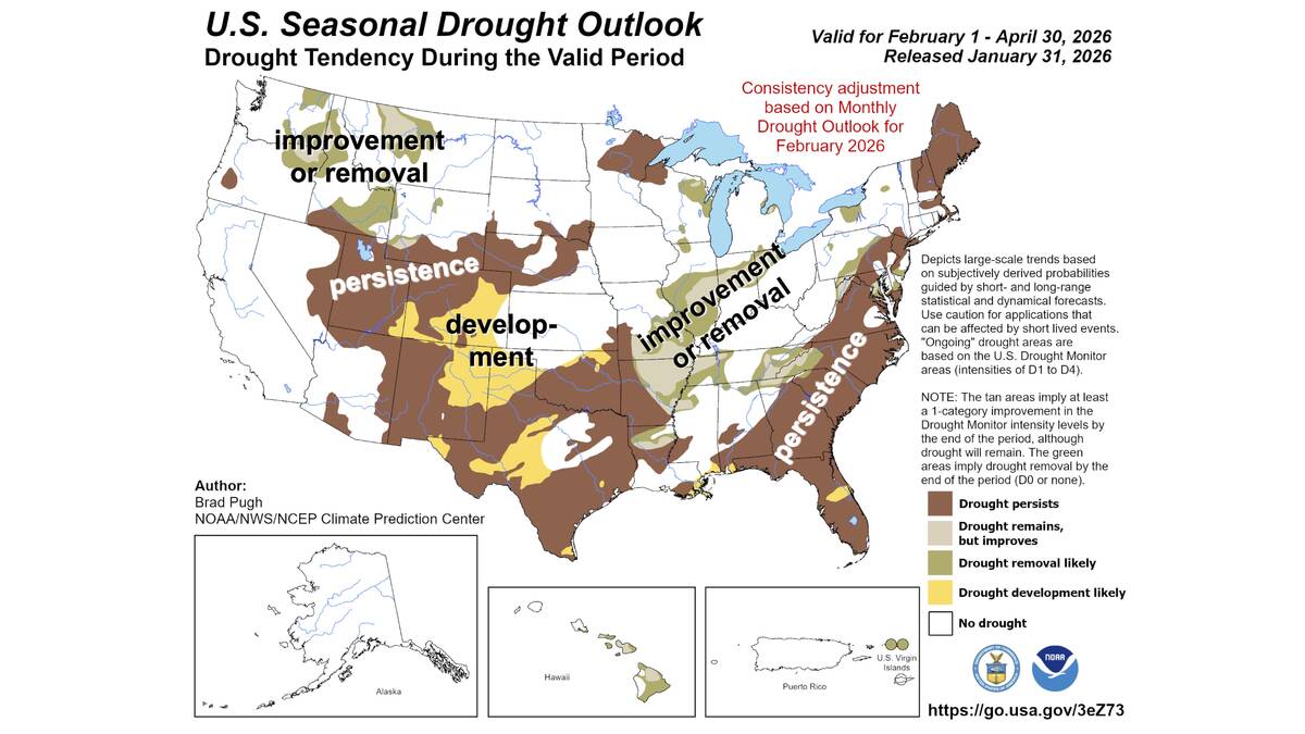 There could be further expansion of drought in U.S. hard red winter wheat growing areas this spring, says a USDA meteorologist. Image: NOAA