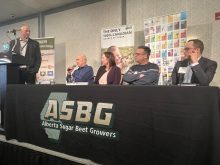 Richard Phillips answers a question about the process of potential data centres applying for water licences in Alberta, as part of a Q&A session at the Alberta Sugar Beet Growers AGM. Photo: Greg Price