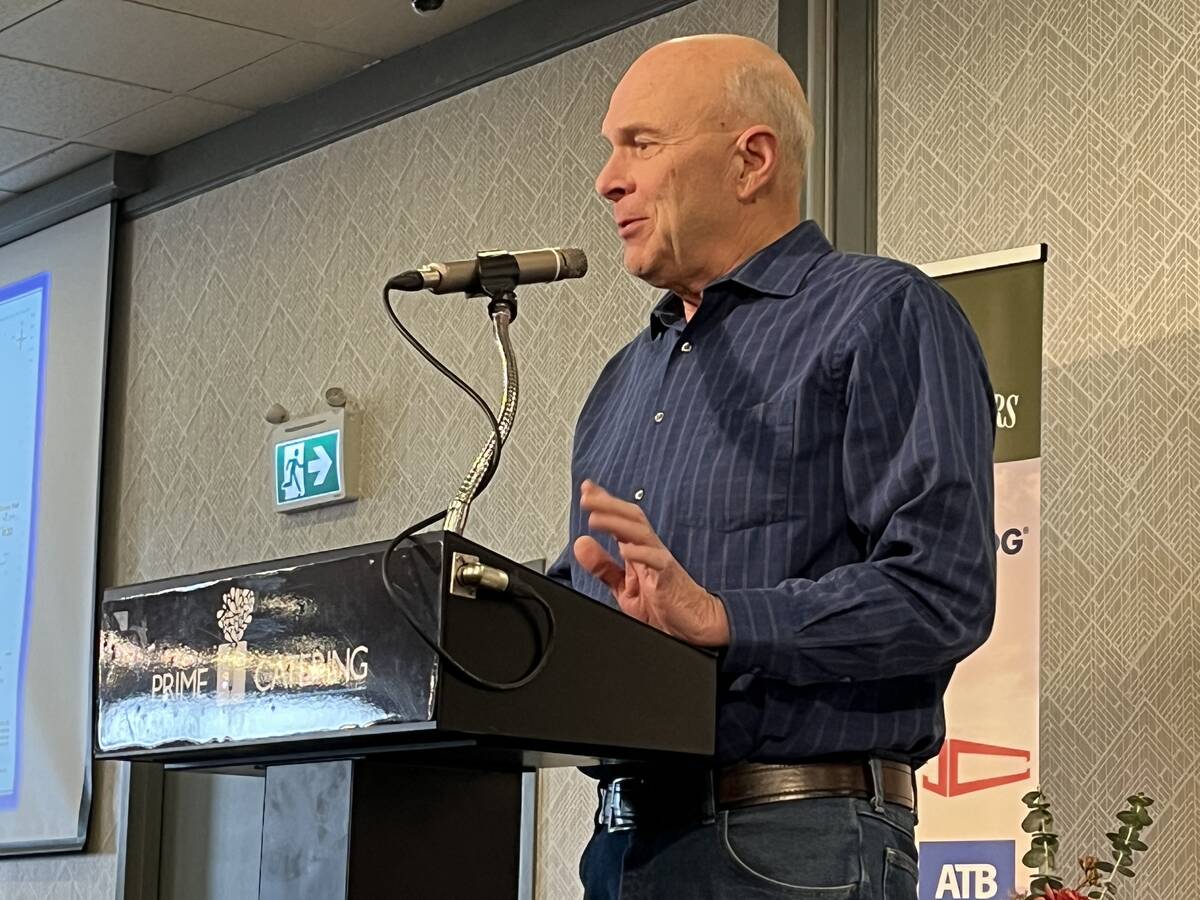 Richard Phillips, general manager of the Bow River Irrigation District, gives his water outlook for 2026, at the Alberta Sugar Beet Growers AGM in Lethbridge, Alta. Photo: Greg Price