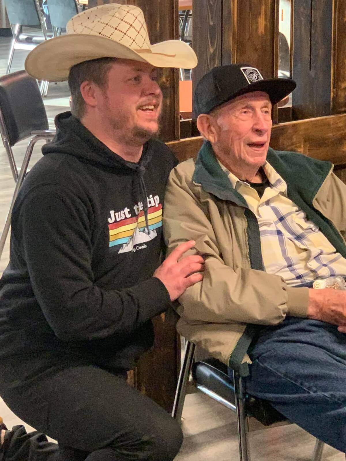 Bud VanCleave shares a smile and some laughs with Taber town councillor Danny Remfert during a past birthday celebration at the Royal for the Canadian Pro Rodeo Hall of Fame inductee.