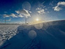 Light reflects off crystals of blowing snow during a blustery winter day near Russell, Man., December 2023.