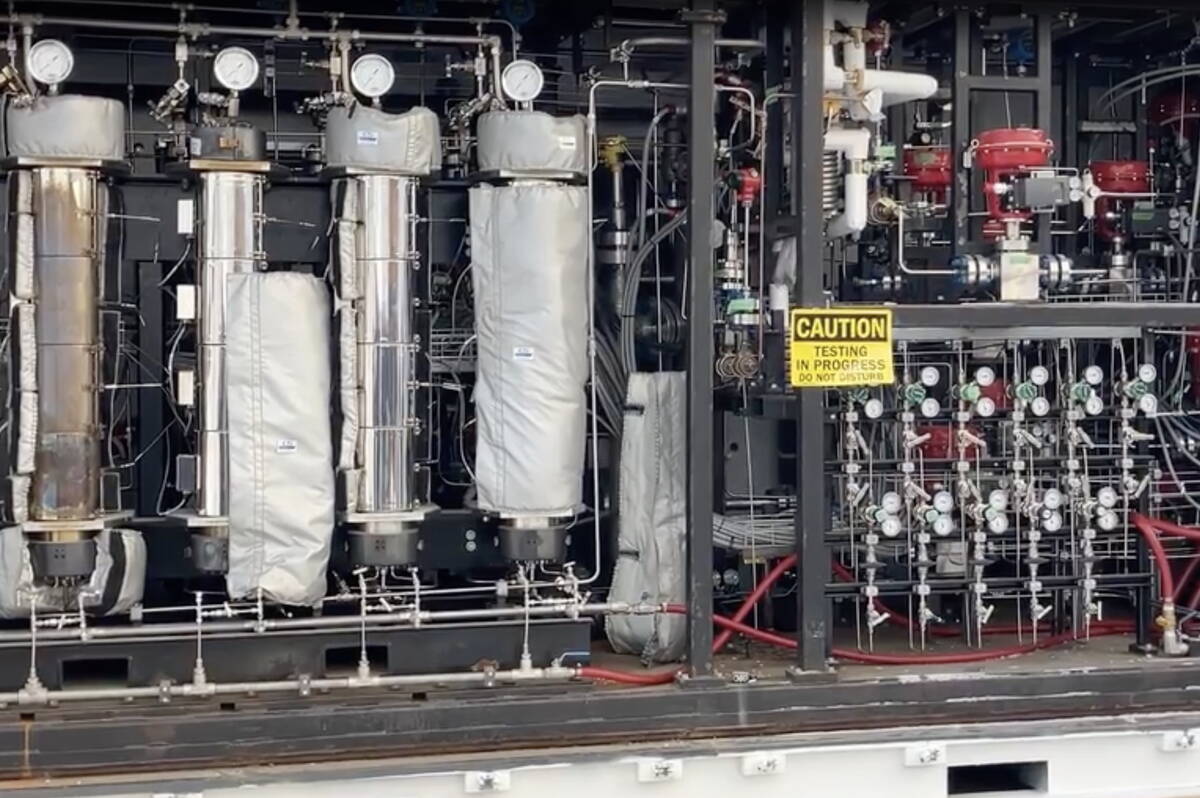 Industrial electrolysis equipment at the green ammonia production plant near Sperling Manitoba that uses hydro power to produce on-farm fertilizer. Photo: file