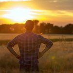 A farmer stands alone in a field at sunset, looking out over the crops with hands on hips. The warm light silhouettes the figure against a wide prairie sky. Photo: Thinkstock