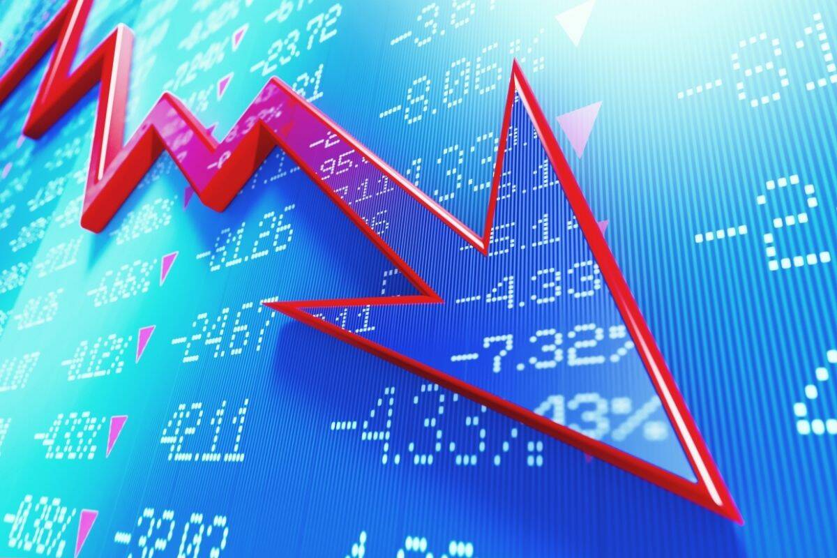 A stylized digital stock market graphic showing red downward-trending arrows and falling numbers against a blue background. The image is overlaid with a quote from Larry Martin of Dr. Larry Martin & Associates calling current market and policy volatility unprecedented since the Second World War. Photo: Canva/MicroStockHub_Getty Images Signature