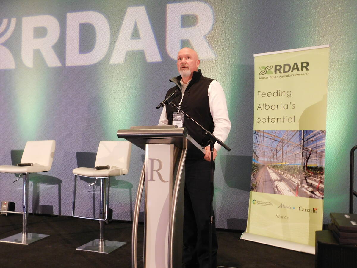 Terry Sydoryk, CEO of Cellar Insights, presents at the Results Driven Agriculture Research showcase in Edmonton. Photo: Alexis Kienlen