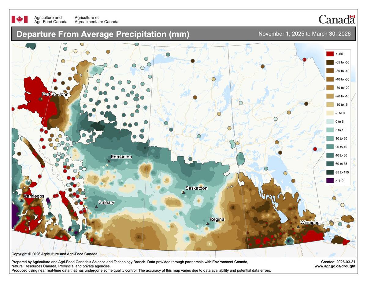 This map show this last winter&rsquo;s the departure from average precipitation across the prairies. The two driest regions compared to average where across southern Manitoba and far northwestern Alberta. The wettest regions were across central Alberta and Saskatchewan.