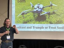 Steve Kenyon of Greener Pastures Ranching speaks at the Canadian Agricultural Drone Association conference about his experience using drones for promotion and aerial seeding. Photo: Mary MacArthur