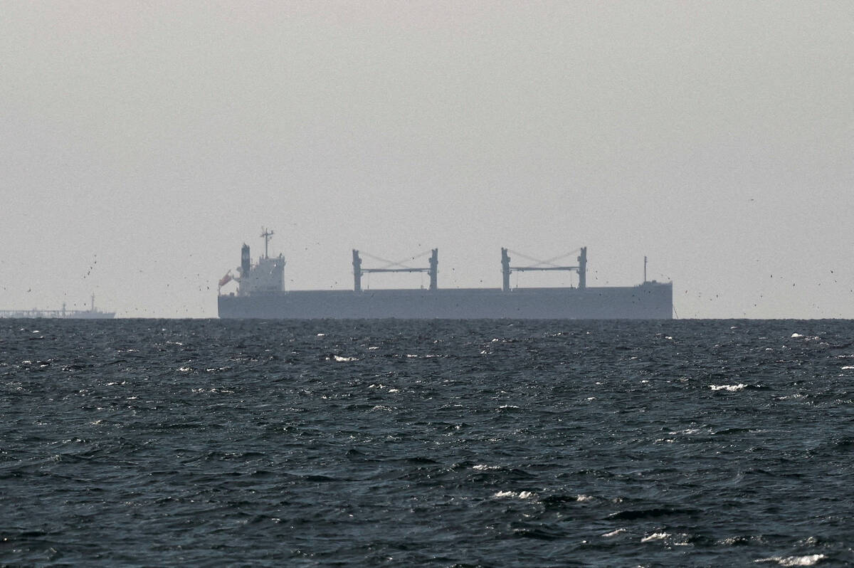 A large cargo vessel seen through haze on open water in the Strait of Hormuz. Photo: Reuters